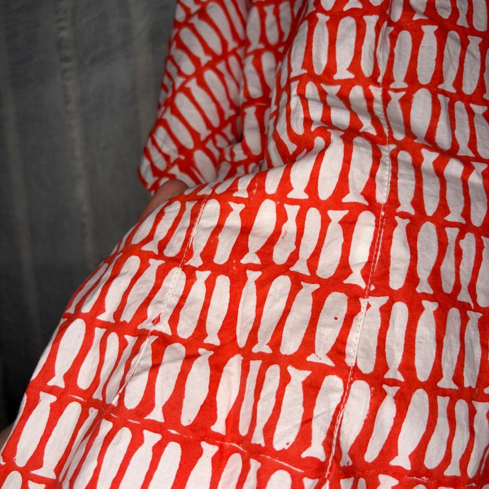 MIRTH Handmade Block Print Top Womens L Red White Excellent Fish Pattern - Picture 9 of 10